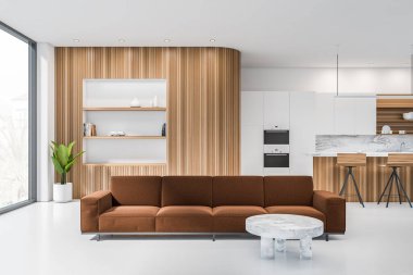 Parlak mutfak odası kanepe, çift fırın, iki bar taburesi, panoramik pencere ve beton zemin. Minimalist tasarım kavramı. Yaratıcı fikir için yer var. 3d oluşturma
