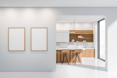 Beyaz mutfak iç mekanı, beton zemin üzerinde masa, ön manzara, kırsal pencere. Ahşap mutfak seti ve mutfak malzemeleri. Satırda iki kare maketi, üç boyutlu görüntüleme