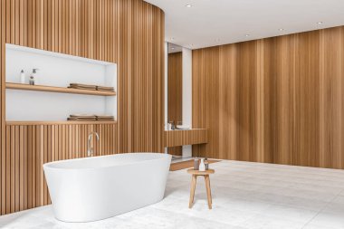 Küvetli parlak banyo, iki ayna ve lavabo, beyaz beton döşeme, tahta duvarlar, havlular, sıvı sabun. Sağlık için hijyenik ve spa prosedürleri kavramı. 3d oluşturma