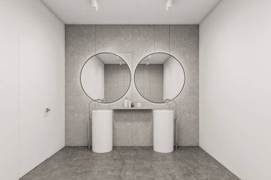 İki yuvarlak ayna ve lavabo, beyaz duvarlar, sıvı sabun, beton zemin ve kapı. Sağlık için hijyenik ve spa prosedürleri kavramı. 3d oluşturma