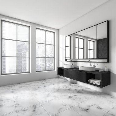 Gri ve beyaz banyo, çift lavabo, panoramik pencere şehir manzaralı, duvarda kocaman ayna, mermer döşemeli döşeme. Sağlık için hijyenik ve spa prosedürleri kavramı. 3d oluşturma