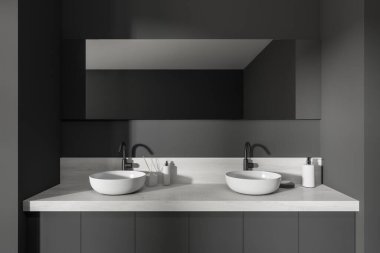 İçi koyu gri banyo, çift lavabo ve duvarında kocaman bir ayna var. Sağlık için hijyenik ve spa prosedürleri kavramı. 3d oluşturma