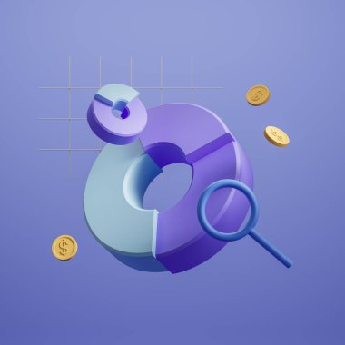 Grafikli pasta grafiği, büyüteç ve yüzen bozuk paralar. Finansal veri ve iş kavramı. 3B görüntüleme