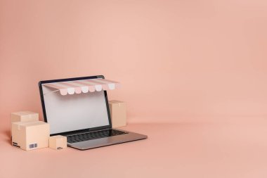 Laptop ve karton kutular, online dükkan. Bej arka planda alışveriş için bilgisayar sayfası. Uzay telefonu ekranını kopyala. 3B görüntüleme