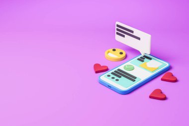 Mesajlı telefon, kalp ve gülümseme. Mor arkaplan ve kopyalama alanı. Sosyal medya ve çevrimiçi iletişim kavramı. 3B görüntüleme