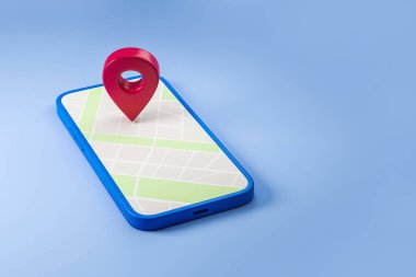 GPS haritalı akıllı telefon, şehir yollu konum kodu, mavi arka plan. Mobil uygulama ve konum kavramı. Kopyalama alanı, 3B oluşturma