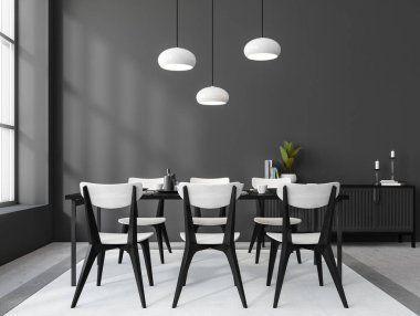 İçi siyah yemek odası altı beyaz sandalye ve siyah masa ile kaplı halı ve gri beton zemin. Süslü tuvalet. Pencere ve lambalar. 3B görüntüleme
