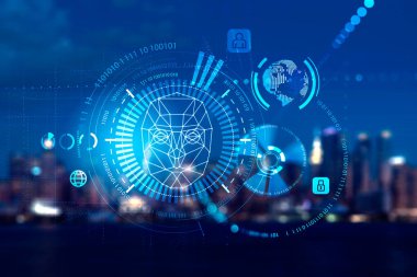 İş gökdelenleri bulanık arkaplan, biyometrik doğrulama ve yüz tanıma, ikonlar ve asma kilitli ikili ve dijital hologram. Yüz tarayıcı. Yüz kimliği kavramı