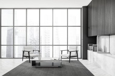 İki koltuk, kitaplar ve şömineli bir sehpa ile dinlenme odası. Gri ahşap zeminde halı, Singapur manzarasında panoramik pencere. 3B görüntüleme