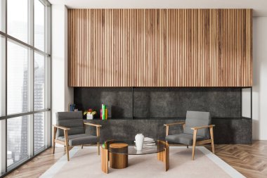 İki koltuk, kitap, vazo ve şömineli bir sehpa ile rahatlatıcı bir oda. Parke zeminde halı, Singapur manzarasında panoramik pencere. 3B görüntüleme