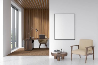 Boş posterli parlak ofis odası, halı beton zemin, dizüstü bilgisayarlı masa ve kırsal manzaralı panoramik pencere. Yönetmen kavramı. İş yeri. Model yap. 3d oluşturma