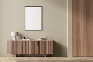 Ahşap sanat galerisi içi ahşap çekmeceli, lamba ve dekorasyonlu, ahşap döşemeli. Bej duvardaki çerçeve, 3B görüntüleme