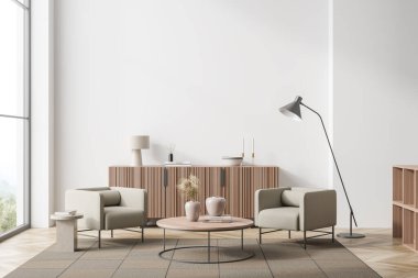 Ahşap oturma odasının içinde iki koltuk, kitap ve çekmeceli kahve masası, kırsal alanda pencere. Boşluk boş beyaz duvarı kopyala, 3B oluşturma