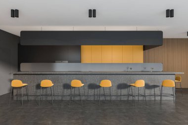 Loş kafenin içini ön tarafta bar tezgahı, bar taburesi, kokteyl, ahşap duvar ve beton zemin var. Minimalist tasarım kavramı. Yaratıcı fikir için yer var. 3d oluşturma