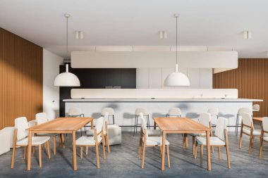 Parlak kafe manzarası sandalyeli masa, bar tezgahı bar taburesi, kokteyller, ahşap duvar ve beton zemin. Minimalist tasarım kavramı. Yaratıcı fikir için yer var. 3d oluşturma