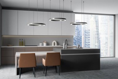 Mutfak içinde sandalyeler ve masa, gri beton zeminde tezgah, yan görüş. Mutfak gereçleri, Singapur şehir manzaralı panoramik pencere, 3D görüntüleme