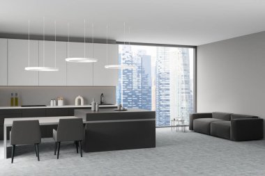 Açık mutfak içinde sandalyeler ve masa, gri beton zeminde kanepe. Singapur şehir manzaralı panoramik pencerenin yanındaki aşçılık seti ve dinlenme alanı, 3D görüntüleme