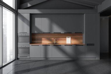 Gri Modern tasarım mutfak içi boş oda alanı, seramik döşeme döşemesi. Panoramik pencere şehir manzarası. Yemek alanı konsepti. 3d oluşturma