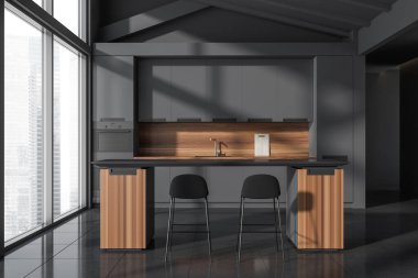 Karanlık mutfak odası içinde gaz ocağı, lavabo, yemek masaları, gri duvarlar, panoramik pencere. Minimalist tasarım kavramı. Yaratıcı fikir için yer var. 3d oluşturma