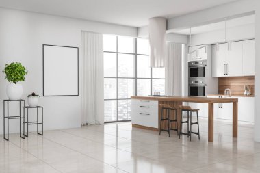 Parlak mutfak odası içi boş poster, çift fırınlı bar tezgahı, beton döşeme, panoramik pencere. Minimalist tasarım kavramı. Yaratıcı fikir için yer var. Model yap. 3d oluşturma