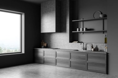 Mutfağın içi lavabo, soba ve güvertede mutfak gereçleri, yan görüş, gri beton zemin. Kırsal manzaralı panoramik pencere. 3B görüntüleme