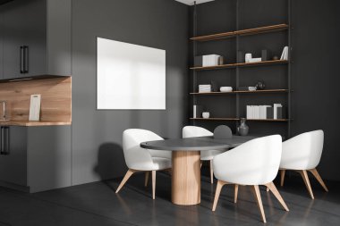 Siyah iç döşeme, dört beyaz koltuk ve alet, yan görünüş, siyah döşeme. Kitaplı raflar ve sanat süslemeleri. Duvara çerçeve posteri yapılandırın, 3B görüntüleme