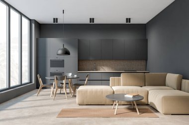 Panoramik pencere, kanepe, çift fırın, yemek masası, lavabo, sandalyeler, beton zemin. Minimalist tasarım kavramı. Yaratıcı fikir için yer var. 3d oluşturma