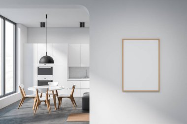 Parlak mutfak odası içi boş beyaz poster, panoramik pencere, çift fırın, yemek masası, sandalyeler, beton zemin. Minimalist tasarım kavramı. Yaratıcı fikir için yer var. Model yap. 3d oluşturma