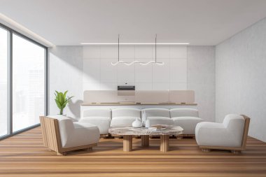 Beyaz mutfak içi kanepe ve ahşap zeminde iki koltuk. Tezgahı olan dinlenme ve yemek odası. Şehir manzaralı panoramik pencere. 3B görüntüleme