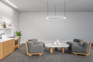 Parlak mutfak odasının iç tarafında lavabo, sehpa, koltuklar, yağ, beyaz duvarlar, fırın, gaz ocağı, ev bitkisi var. Minimalist tasarım kavramı. Yaratıcı fikir için yer var. 3d oluşturma