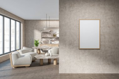 Parlak mutfak odası içi boş beyaz poster, yemek masası, koltuklar, yağ, kahverengi duvarlar, fırın, ev bitkisi, panoramik pencere. Minimalist tasarım kavramı. Yaratıcı fikir için yer var. 3d oluşturma