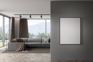 Oturma odasının içi boş, beyaz çerçeveli, duvarında poster, büyük kanepe ahşap zemin. Minimalist tasarım kavramı. New Park villa gayrimenkul. Yaratıcı bir fikir. Model yap. 3d oluşturma