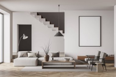 Parlak oturma odası içi boş beyaz poster, merdivenler, kemer, kanepe, koltuklar, sehpa ve ahşap ahşap zemin. Minimalist tasarım kavramı. Yaratıcı fikir için yer var. Model yap. 3d oluşturma