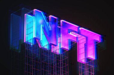 Şifreleme sanatı NFT iadesiz simge, siyah arkaplanda parlayan hologram. Blockchain kullan ve benzersiz dijital sanat oluştur. Kripto para kavramı. 3B görüntüleme