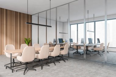 Parlak ofis odasının iç tarafındaki toplantı masası, masaüstü, koltuklar, panoramik pencereler, cam bölme ve beton zemin. Çalışma sürecinin konsepti. 3d oluşturma