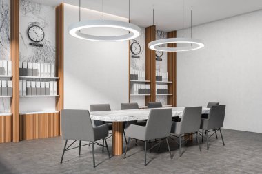 Parlak ofis odasının iç manzarası toplantı masası, koltuklar, klasörlü raflar ve beton zemin. Buluşma ve iş birliği yeri kavramı. 3d oluşturma