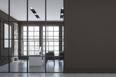 Karanlık ofis odasının iç tarafında boş gri duvar, masaüstü, beton zemin, koltuk ve klasörlü raflar var. Yönetim kurulu başkanı kavramı. Çalışma için uygun bir yer. Model yap. 3d oluşturma