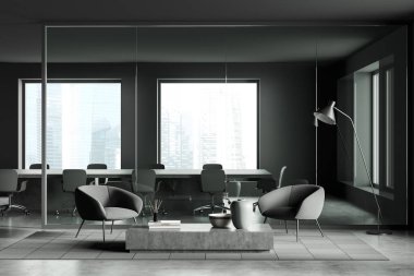 İki koltuklu, kahve masalı, gri beton zeminde halı olan karanlık bir ofis. Şehir manzarasında panoramik pencerenin yanında sandalyeli ve panoramik pansiyonlu bir toplantı odası. 3B görüntüleme