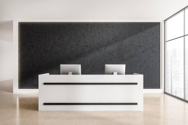 Ofis içi resepsiyonlu, beton kaplı, panoramik pencereli, masaüstü bilgisayarlı. Uluslararası iş dünyası kavramı. Siyah duvar maketi. 3d oluşturma