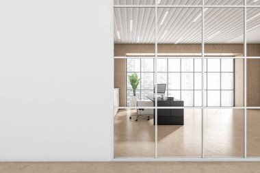 Bej ofis odasının ön görüntüsü CEO masası, masaüstü bilgisayarı, koltuğu, panoramik pencereleri, beton zemini olan masa. Model boş duvar. M.S. Konsepti. Şehir manzaralı. 3d oluşturma