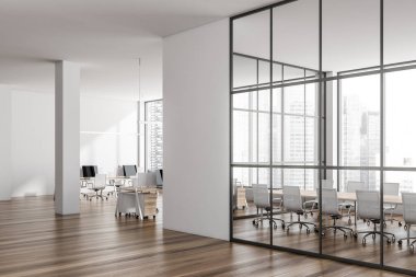 Beyaz iç mekan, koltuk, tahta, ahşap döşeme. Singapur gökdelenleri ve yan manzaralı panoramik pencereler. İş salonu ve bilgisayar. 3B görüntüleme