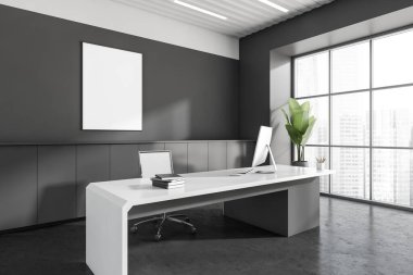 Ofis içi, ceo masası, masa, masaüstü bilgisayarı, koltuk, panoramik pencereler, beton zemin. Duvarda boş bir poster var. Uluslararası iş kavramı. Şehir manzaralı. 3d oluşturma
