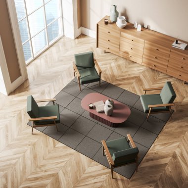 Tahta, dinlenme odasının üst manzarası koltuk ve kahve masası, sanat süslemeli çekmece, ahşap zeminde halı. Singapur şehir manzarasında panoramik pencere. 3B görüntüleme