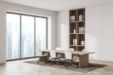 Parlak ofis odasının iç manzarası toplantı panosu, panoramik pencere, koltuklar, klasörlü raflar ve ahşap zemin, halı. Buluşma ve iş birliği yeri kavramı. 3d oluşturma