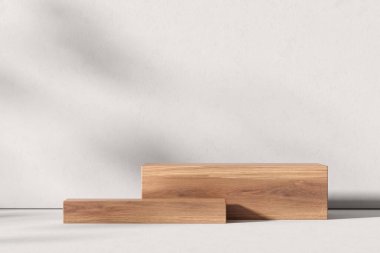 Gri arka planda minimalist ahşap tuğla podyumu. Sahne ve gösteri anlayışı. Ürün gösterimi için bir model. 3B görüntüleme