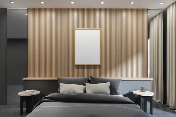 空の白いポスター ベッド パノラマウィンドウ アームチェア 木製のパーティション コンクリート床とベッドサイドと暗い寝室のインテリア 現代的なアパートのデザインの概念 モックアップ 3Dレンダリング — ストック写真