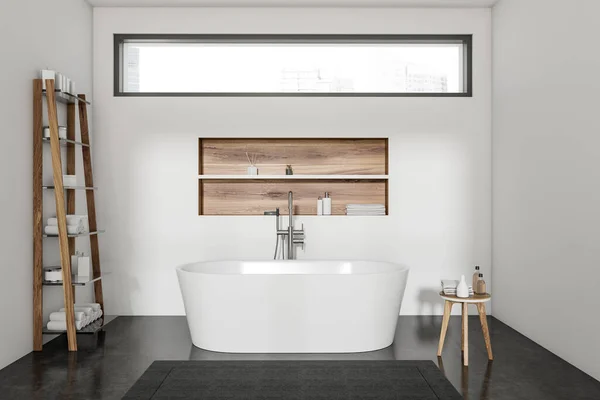 Bright Bathroom Interior Bathtub Shelf Towels Stool Shampoo Carpet White — Stock Photo, Image