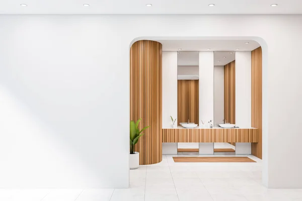 Interior Banheiro Brilhante Com Parede Branca Vazia Dois Espelhos Pias — Fotografia de Stock