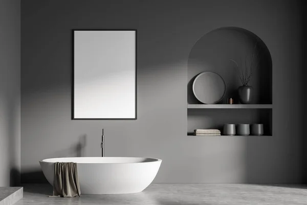 现代浴室内部与白色陶瓷浴缸 混凝土地板 布兰克把海报挂在墙上 3D渲染 — 图库照片