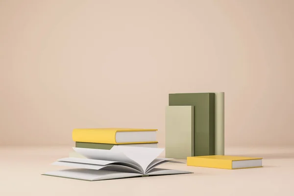 Pile Livres Carnet Ouvert Avec Des Papiers Blancs Fond Beige — Photo